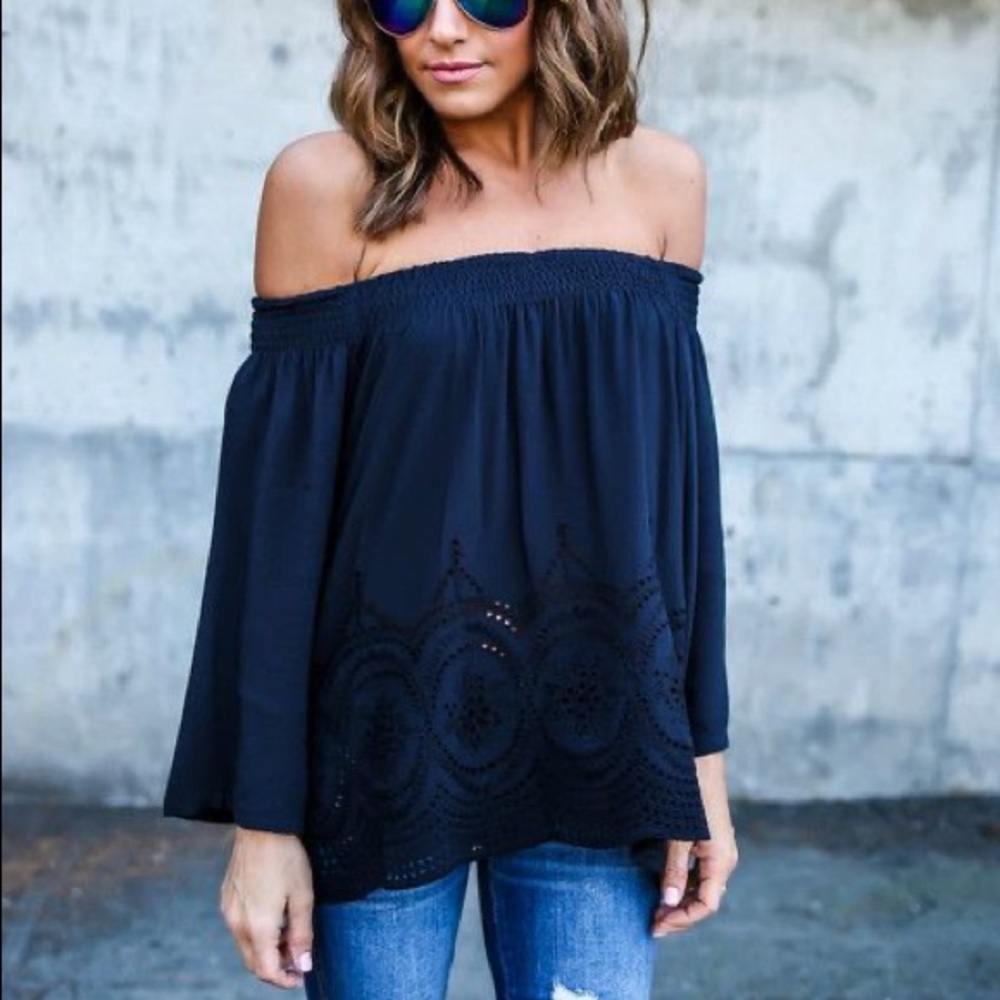 Elfin- Off The Shoulder | Laser Cut Top. Navy Blue - size L